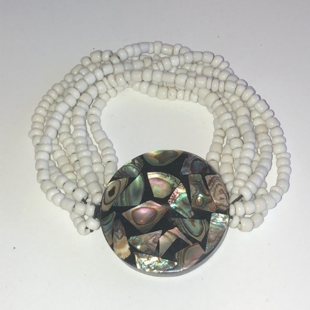 White Seed Beads Abalone Shell Beaded Boho Stretchy Multi Strand Bracelet